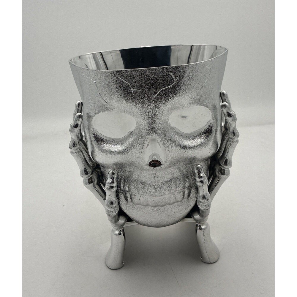 Halloween Skeleton Skull In Hands Candy Planter Bowl Silver Tone NWT 5” X 7”